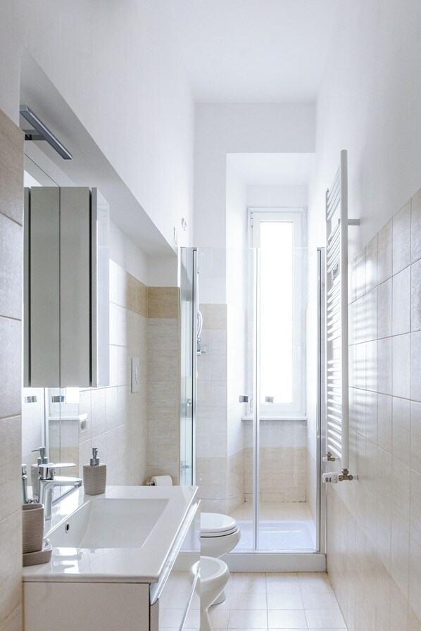 Shower, hair dryer, bidet, towels