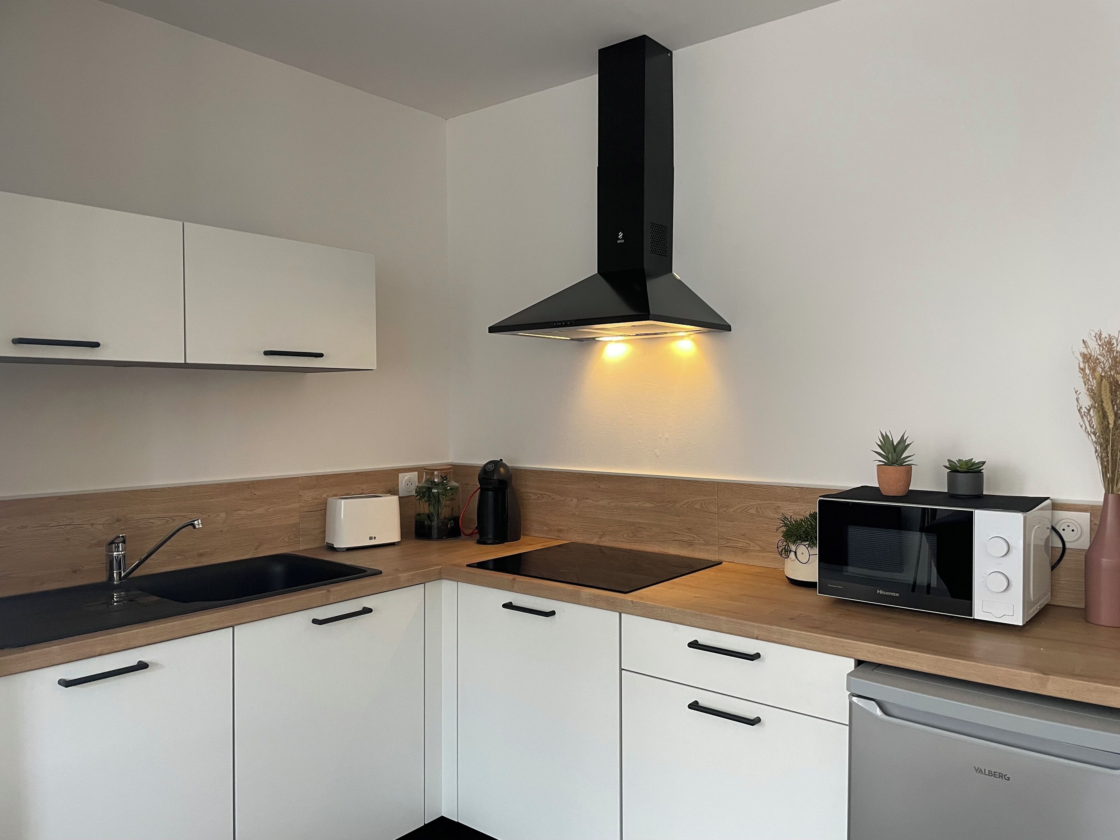 Réfrigérateur, micro-ondes, plaque de cuisson, cafetière/bouilloire