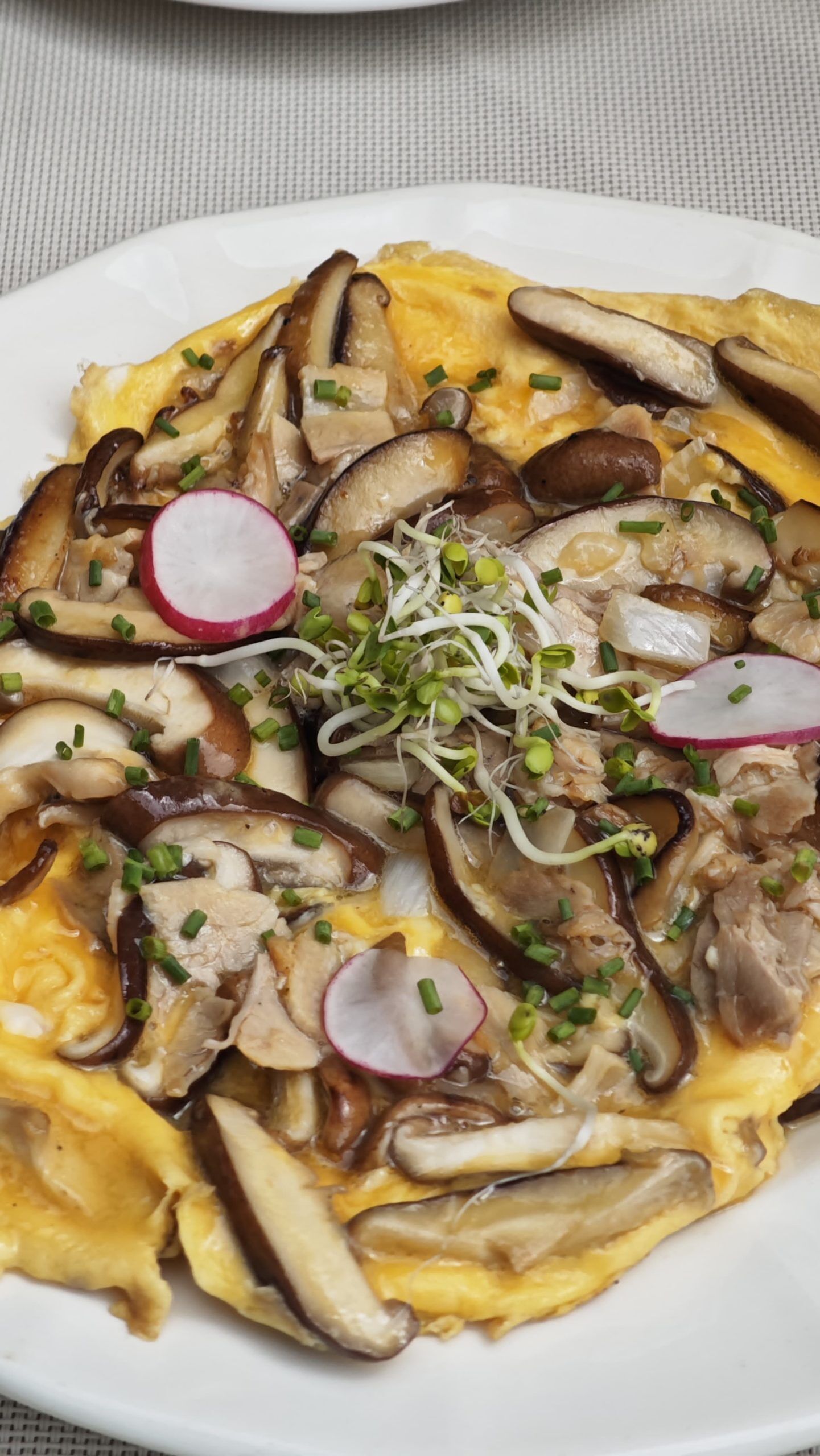 Een bord eten met een omelet, champignons, radijsschijfjes en groene uien.