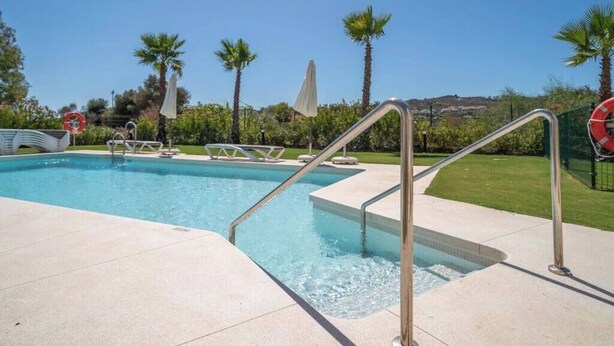 Ein Swimmingpool mit klarem, blauem Wasser, umgeben von Palmen und einer Rasenfläche.