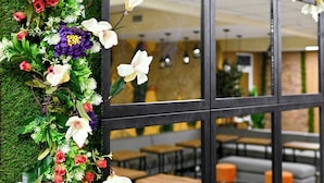 A wall with a vertical garden and a large window. - Tropica Inn Hotel (Yerevan)