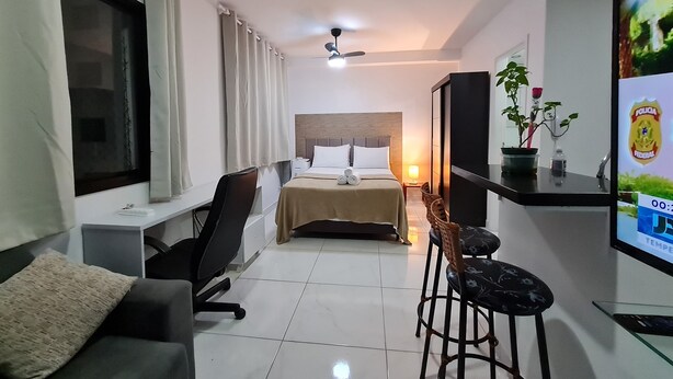 Une chambre d’hôtel équipée d’un lit, d’un bureau, d’une chaise, d’une télévision et d’une petite table sur laquelle est posée une plante.