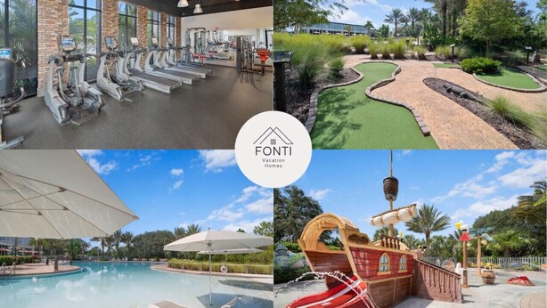 A fitness center with treadmills, a pool area with umbrellas, and a children's play area with slides.