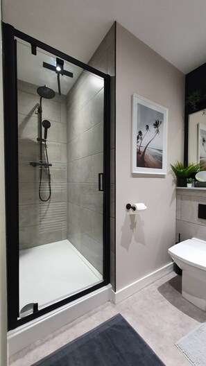 Shower, free toiletries, hair dryer, towels
