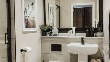 Shower, free toiletries, hair dryer, towels