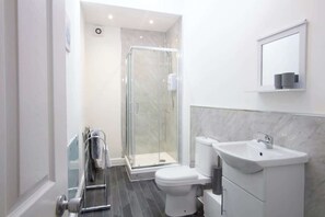 Shower, free toiletries, hair dryer, towels