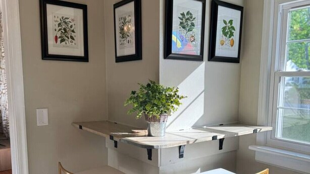 A corner of a room with a white counter, two gold-framed chairs, and three framed botanical illustrations on the wall. - The Robin's Nest (close to highways, shops and more.) (Greensboro)