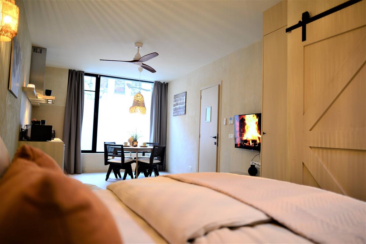 A hotel room with a bed, a desk with a chair, a television, and a ceiling fan.