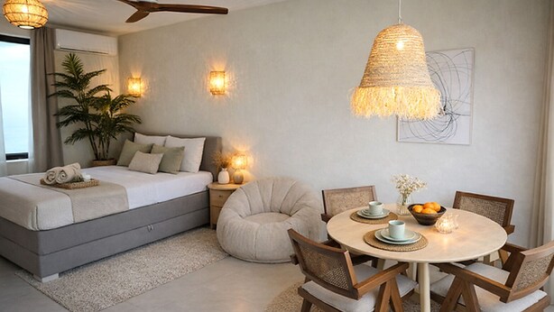 A modern bedroom with a bed, bedside tables, a dining area with chairs, and a ceiling fan. - Kyoto Suites - Sleep inn Antwerp (Antwerp)