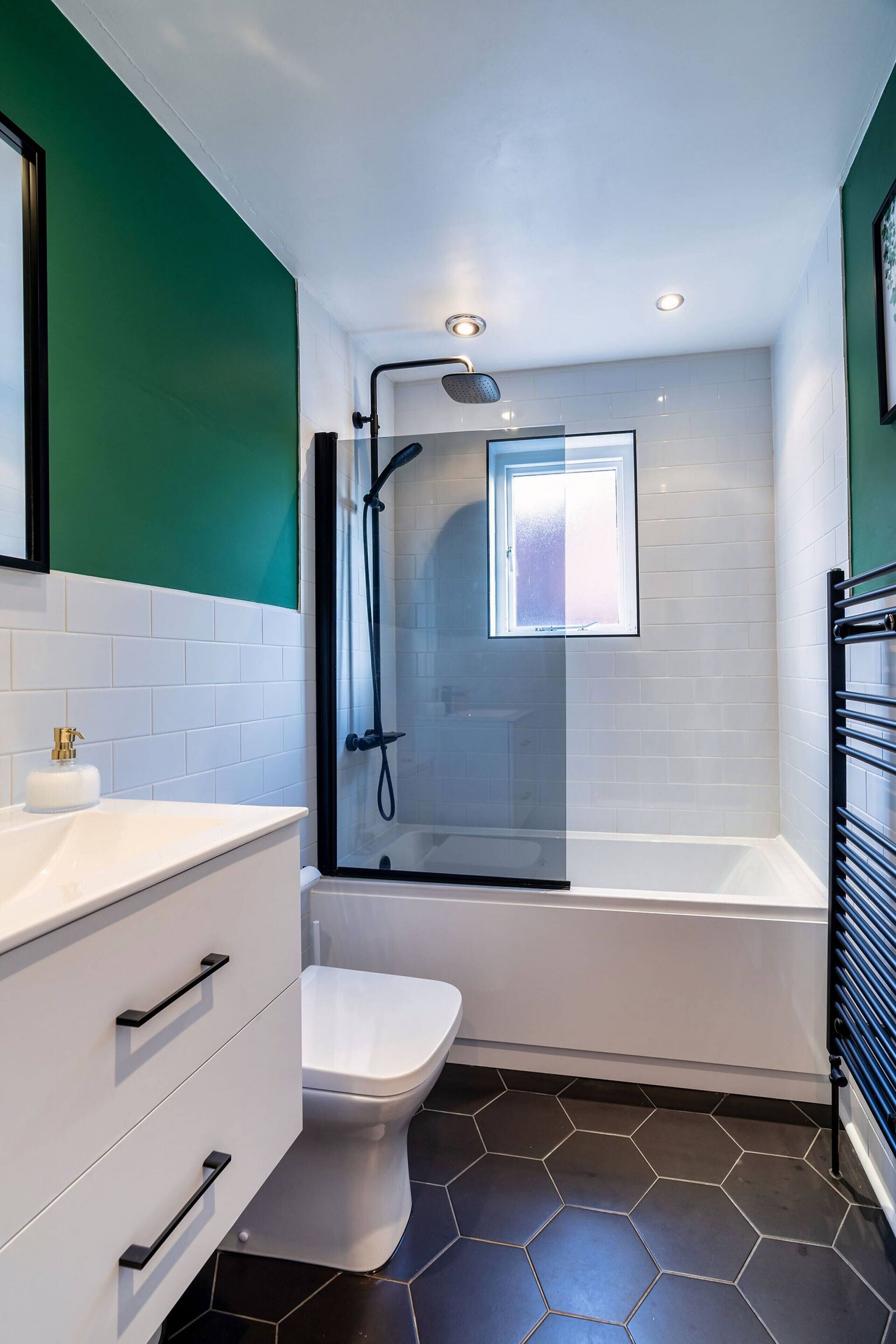 Hair dryer, towels, soap, shampoo