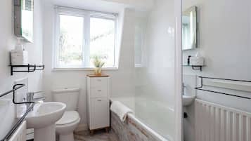 Shower, hair dryer, shampoo
