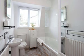 Shower, hair dryer, shampoo