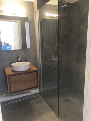 Enjoy a refreshing shower in the sleek shower with handheld showerhead and wall-mounted faucet, accompanied by a vanity with sink and mirror.