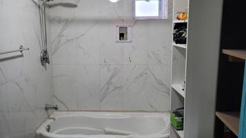 Hair dryer, towels, soap, shampoo