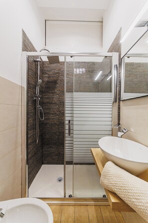 Shower, hair dryer, bidet, towels