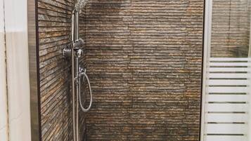 Shower, hair dryer, bidet, towels