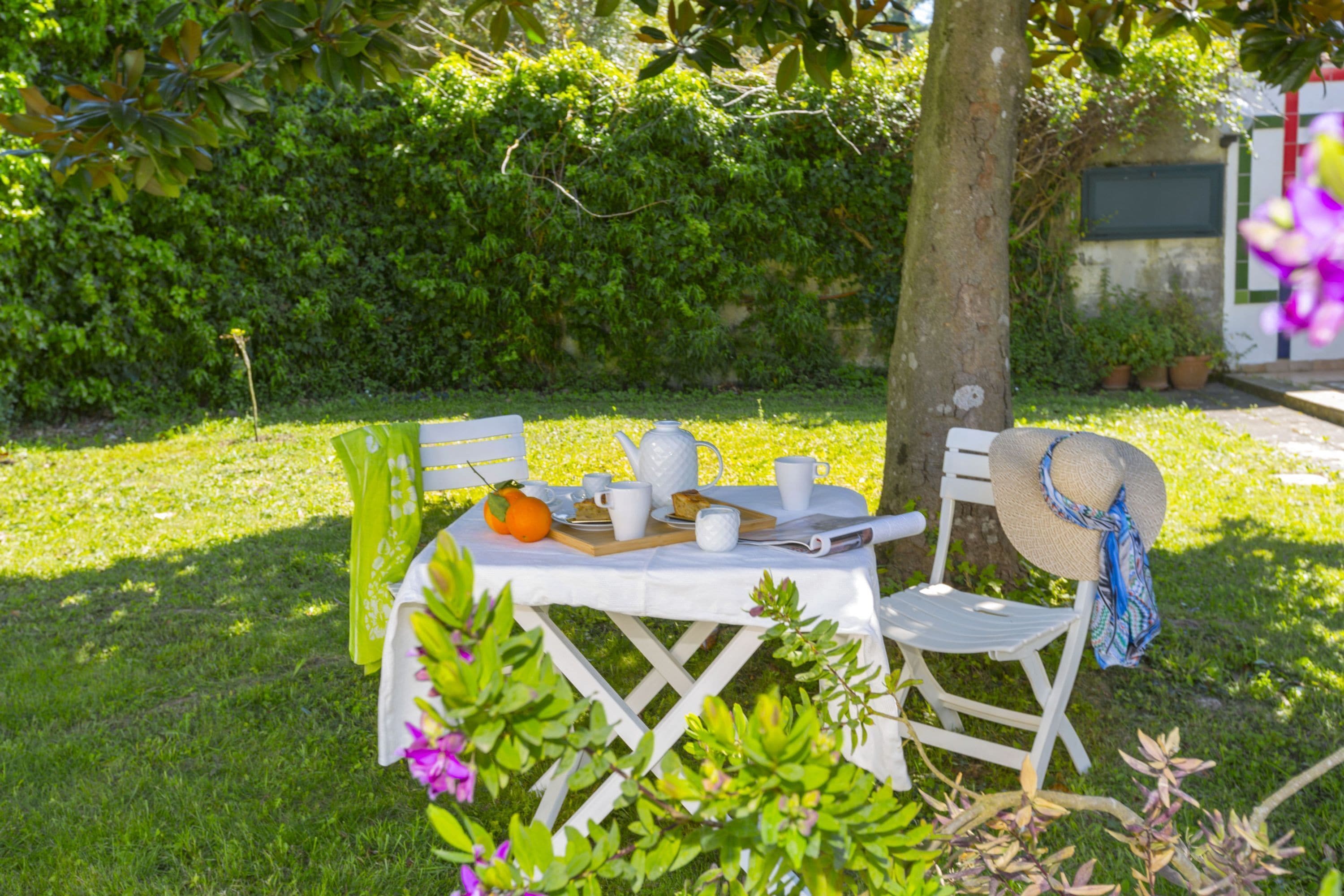 A picnic setup with a table, chairs, and a basket under a tree.