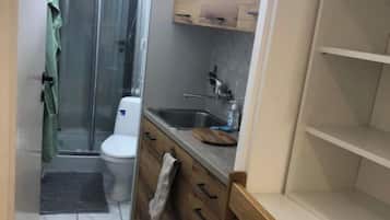 Secador de cabelo, toalhas de banho, sabonete, papel higiênico