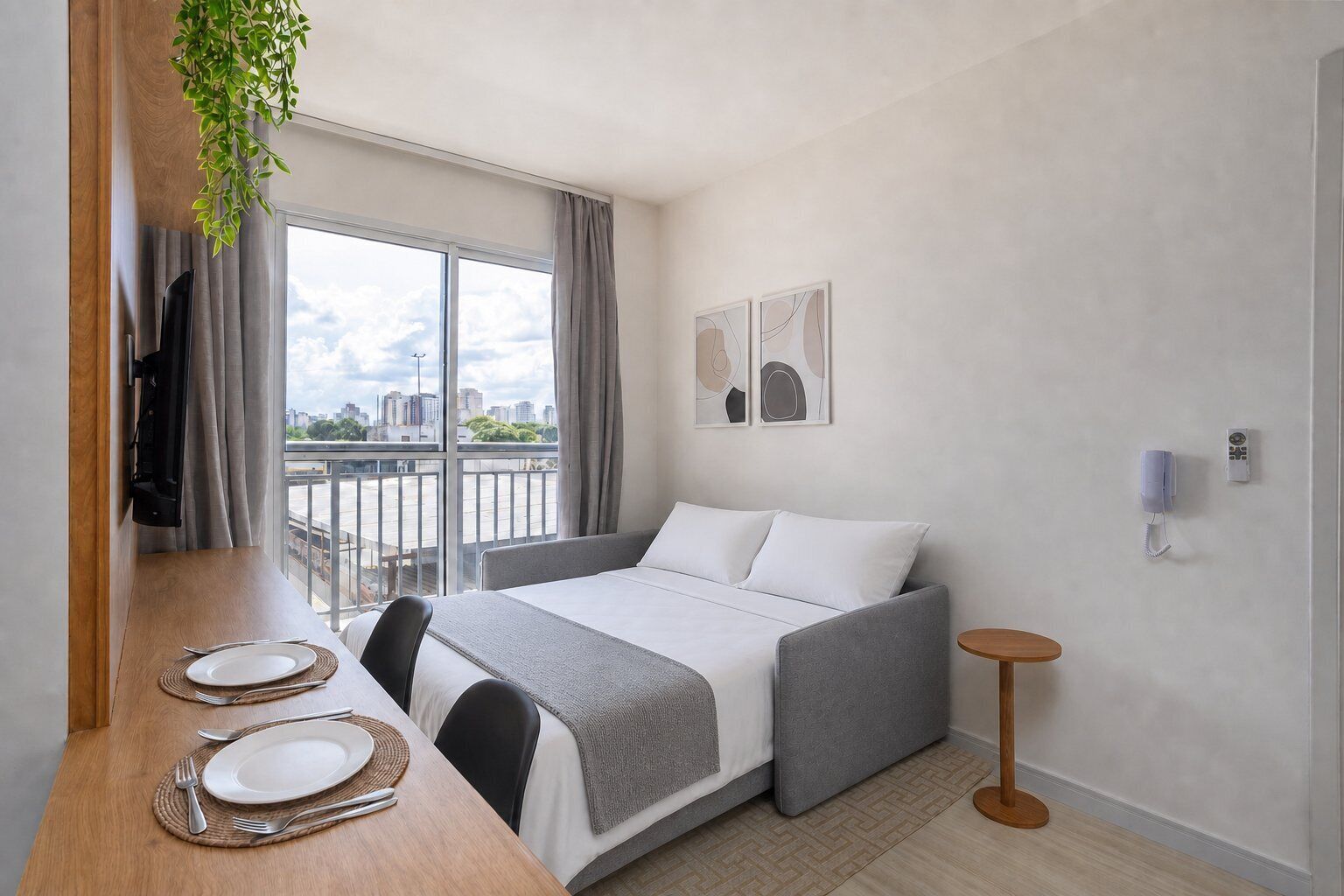 A hotel room with a bed, a dining table with plates and cutlery, a small round table, a telephone, and a view of the city through large windows.