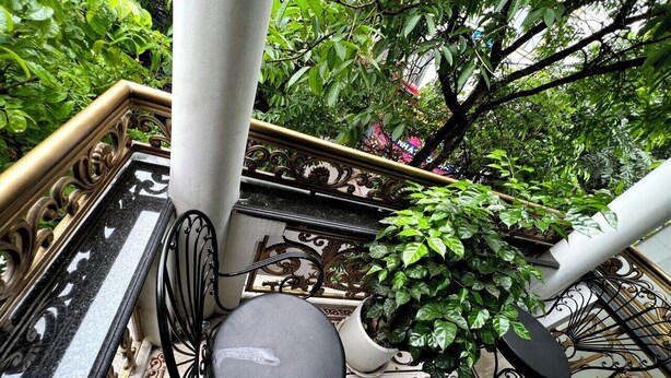 A balcony with a black chair, a potted plant, and ornate metal railings. - Fusion Links Apartment (Hanoi)