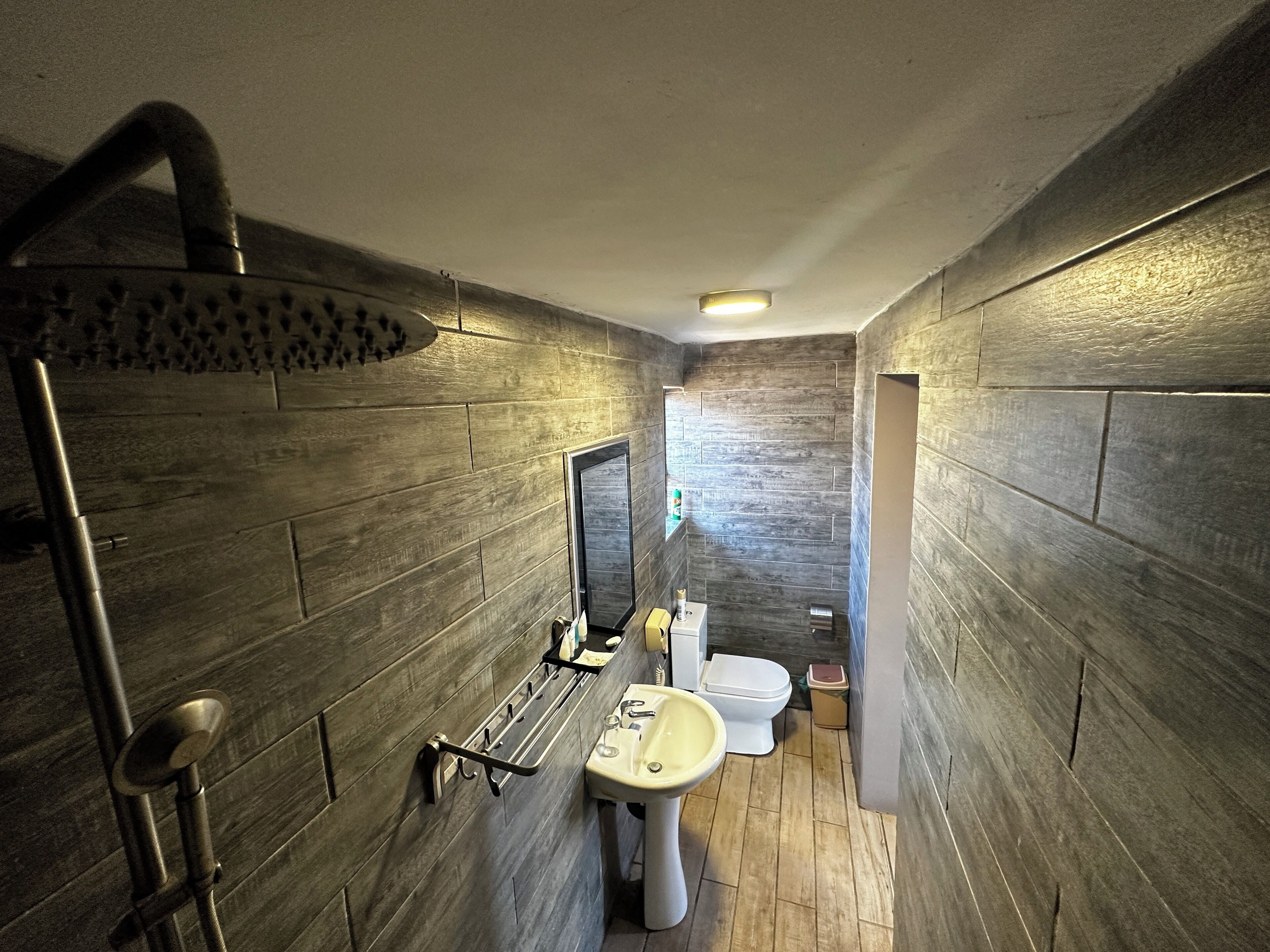 A modern bathroom with a shower, toilet, and sink.