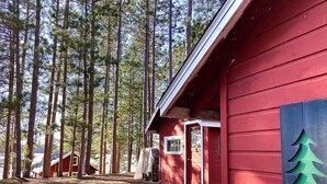 Eine rote Holzhütte mit einem grünen Baum-Aufkleber, umgeben von hohen Kiefern.