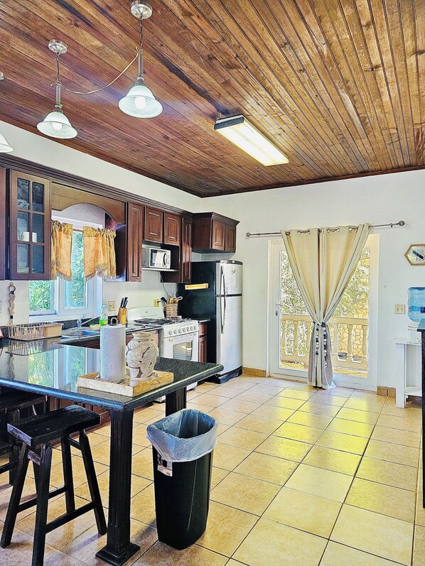 Une cuisine avec des poutres en bois au plafond, un îlot central doté de tabourets, une poubelle et une porte-fenêtre donnant sur un balcon extérieur.