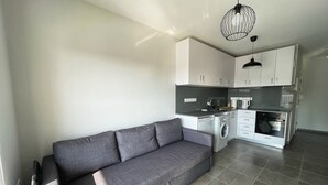 Ein kleiner Wohnbereich mit grauem Sofa, einer Waschmaschine und einer Küchenzeile.