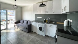 Eine moderne Küche mit grauen Schränken, einer integrierten Waschmaschine und einem grauen Sofa.