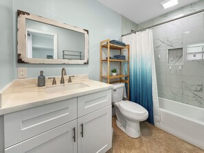 Hair dryer, towels, soap, shampoo