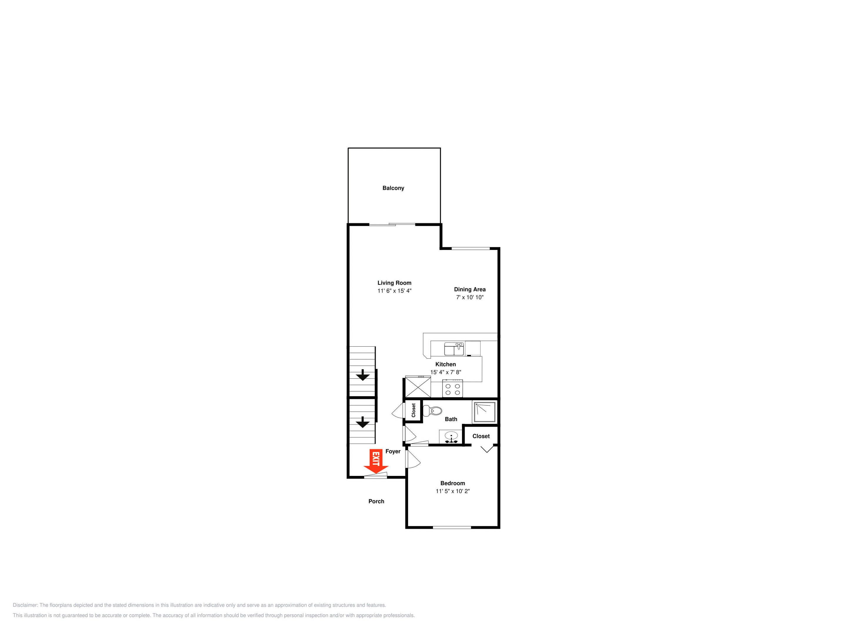 Un plan d’étage comprenant un balcon, un salon, un coin repas, une cuisine, une salle de bain, une chambre, un hall d’entrée et une véranda.
