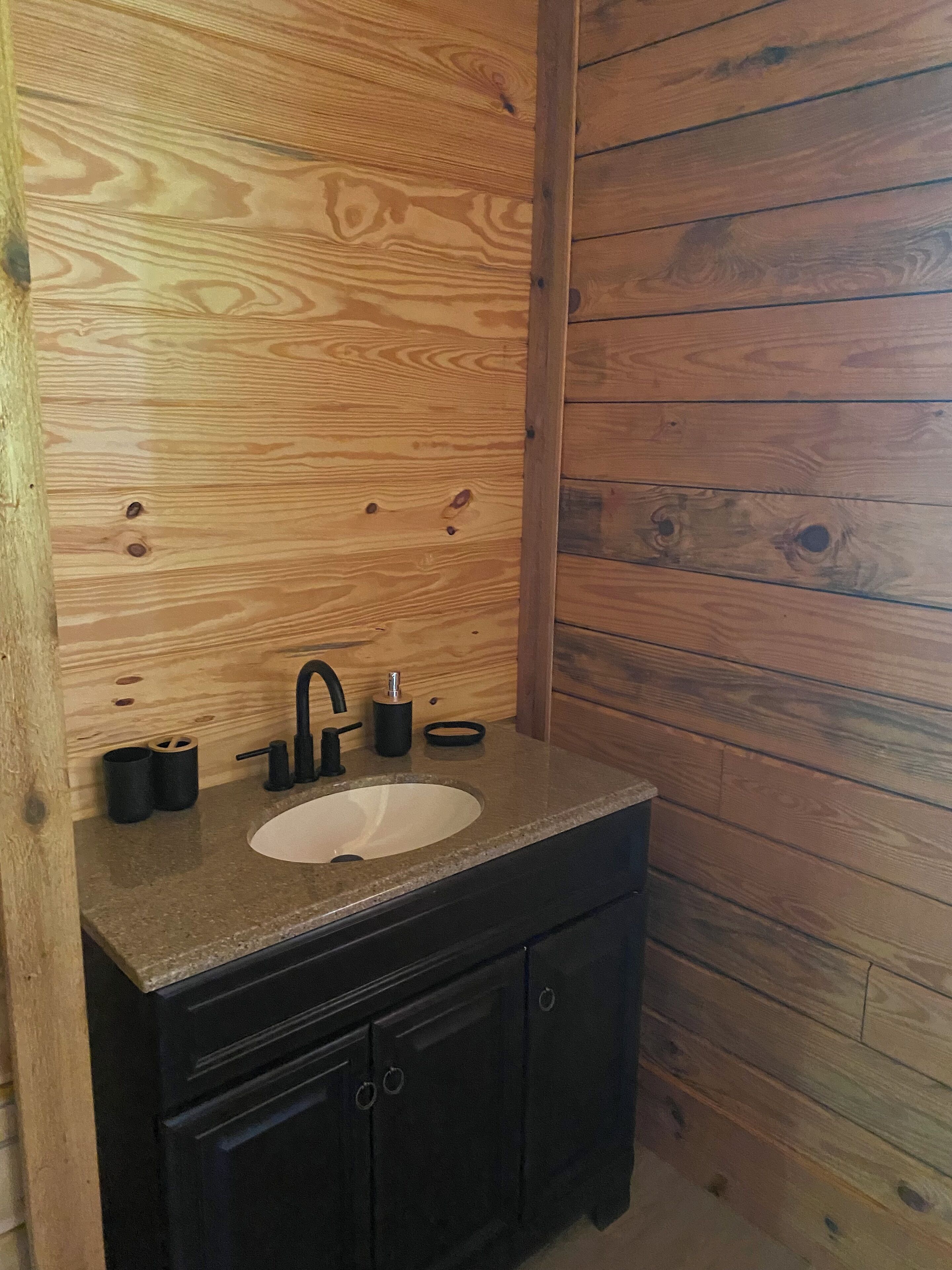A bathroom with a wooden wall and a black sink vanity.