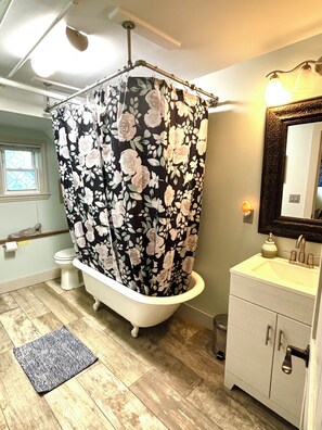 Hair dryer, towels, soap, shampoo