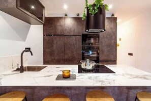 A modern kitchen with a marble countertop, a built-in oven, and a hanging plant.