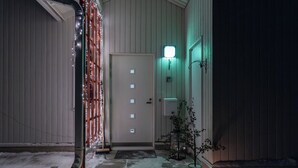 Een besneeuwde ingang met een deur, een klein portaal en een bloempot.