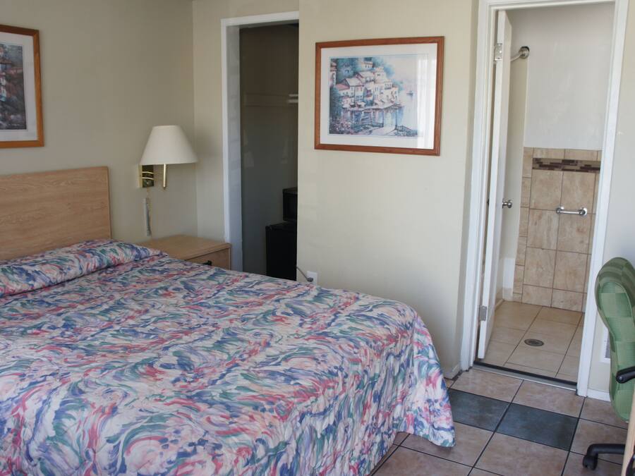 A hotel room with a bed, a desk, a chair, a lamp, and a shower area.