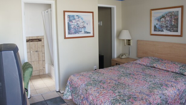Quarto com uma cama, televisão, uma cadeira e duas fotografias emolduradas na parede.