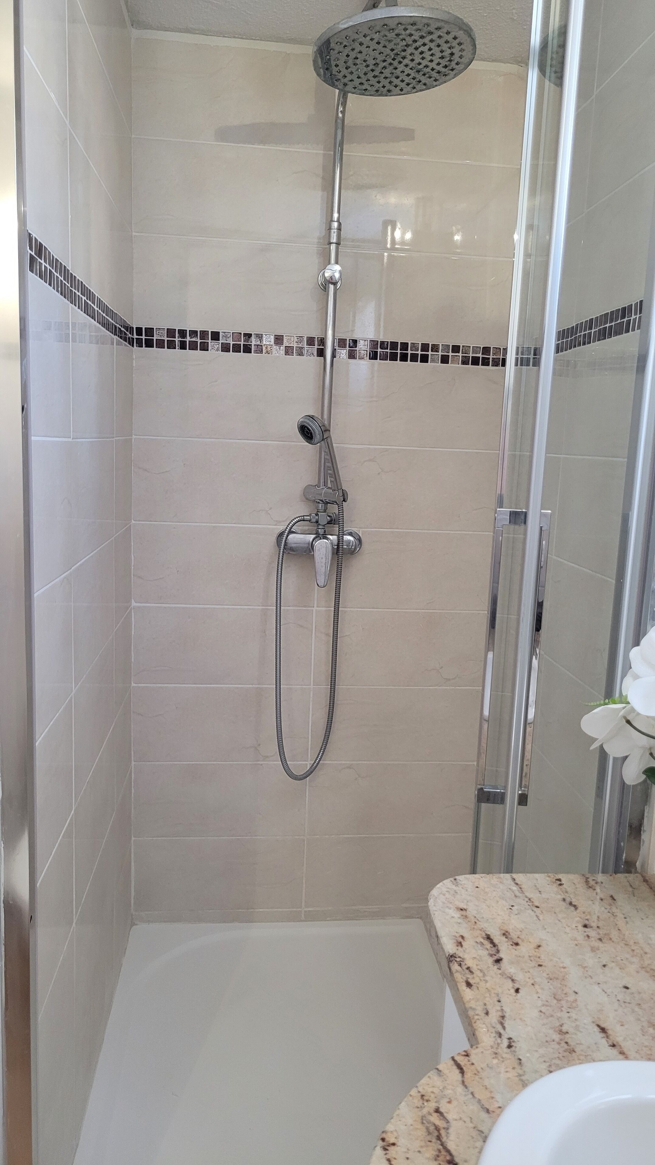 A shower with a handheld showerhead and a fixed rain showerhead, a glass door, and a tiled wall with a decorative border.