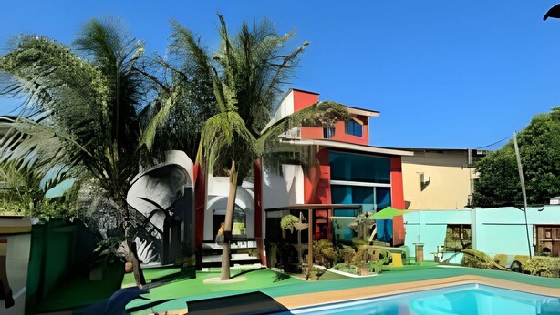 A modern building with a pool, surrounded by palm trees and greenery. - Pousada e Restaurante Mar dos Sonhos (Paripueira)