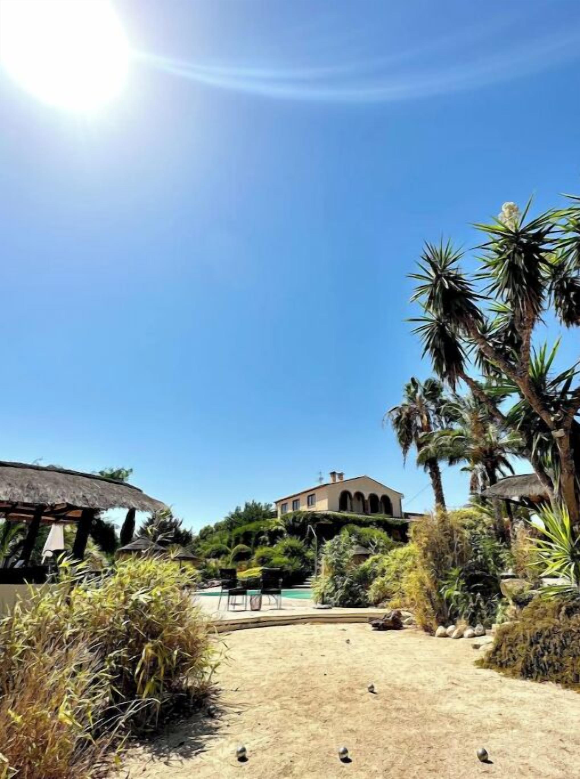 A sunny outdoor area with a building, palm trees, and a thatched structure.