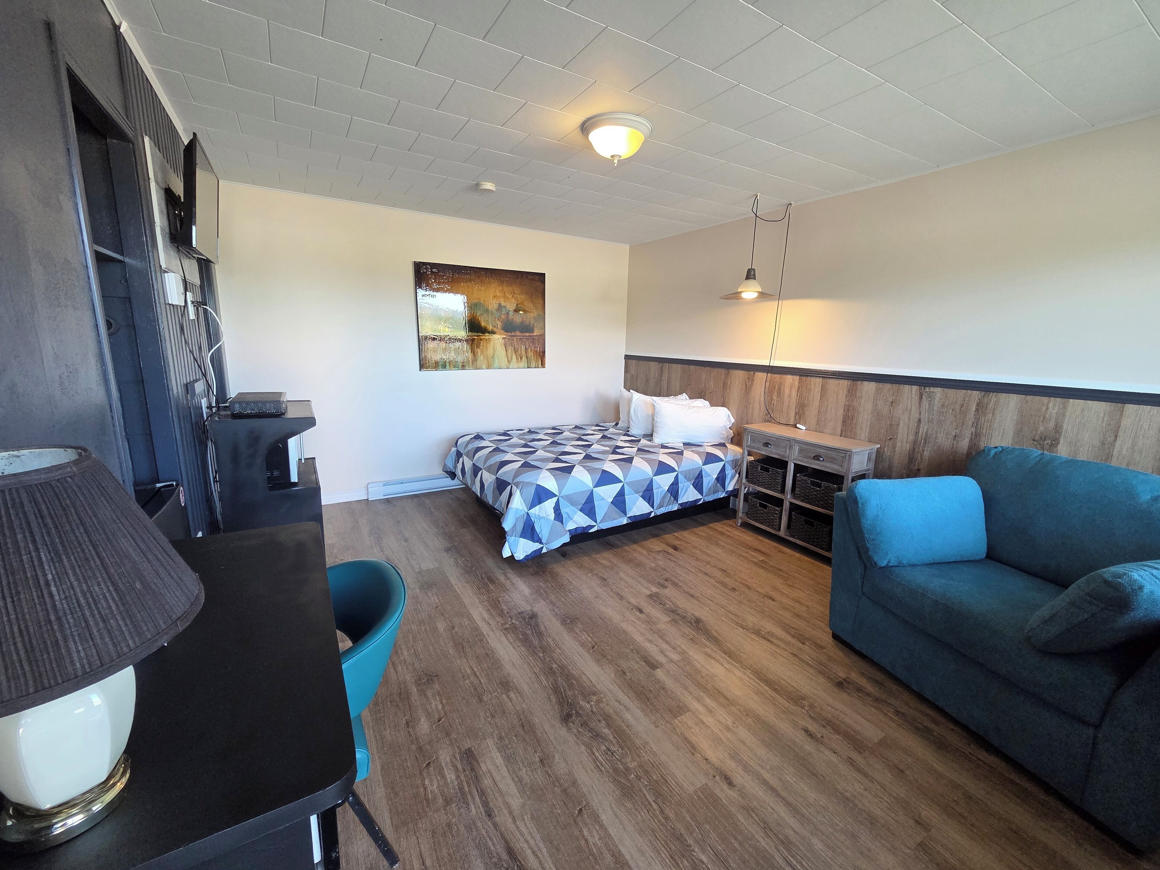 Desk, laptop workspace, blackout curtains, free WiFi