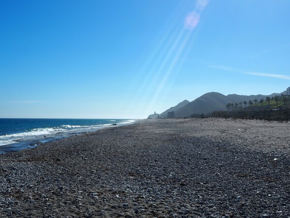 Plage à proximité, chaise longue, parasol, 4 bars sur la plage