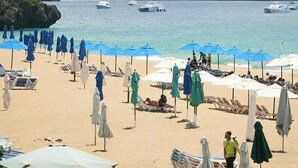 Een strand met rijen ligbedden en parasols, een helder uitzicht op zee, en boten op de achtergrond.
