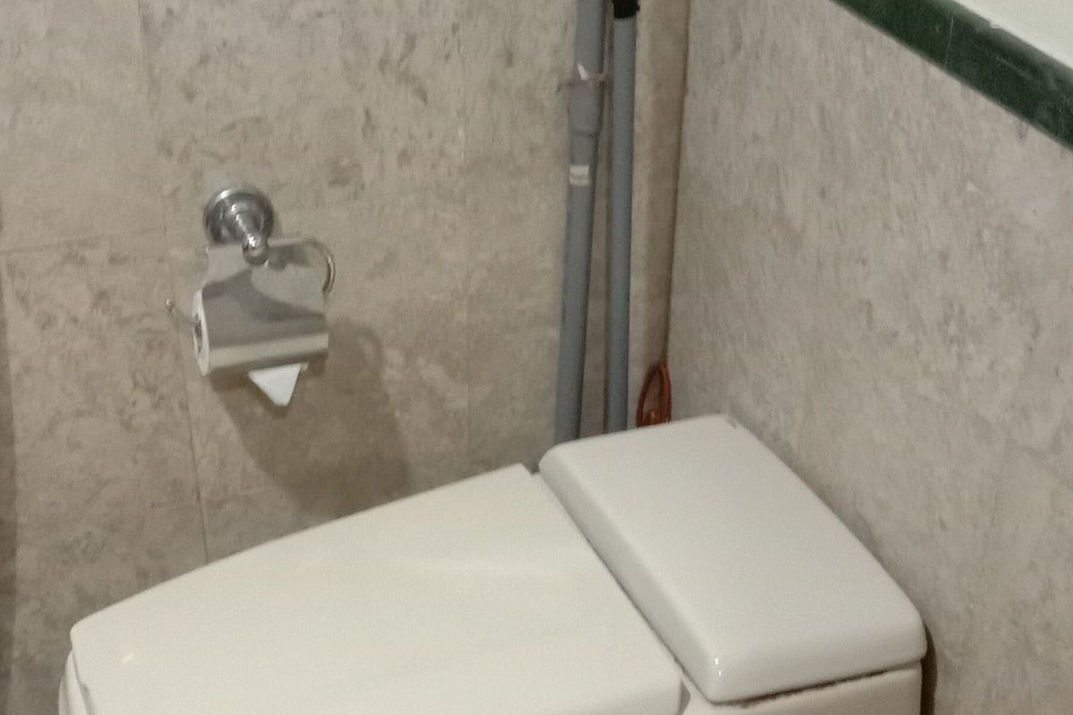 Ein Badezimmer mit Toilette und Waschbecken.