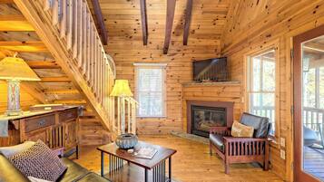 Smart TV, fireplace, books