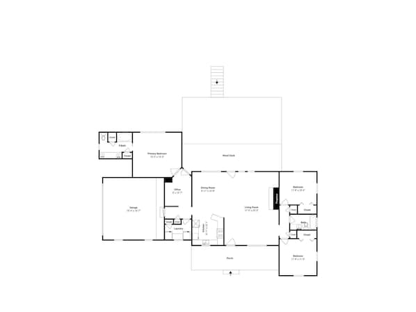 A floor plan of a house with a garage, primary bedroom, office, dining room, living room, two bedrooms, a porch, and a wood deck. - 4 Bears 1 Cave by Ruidoso Vacation Rentals (Alto)