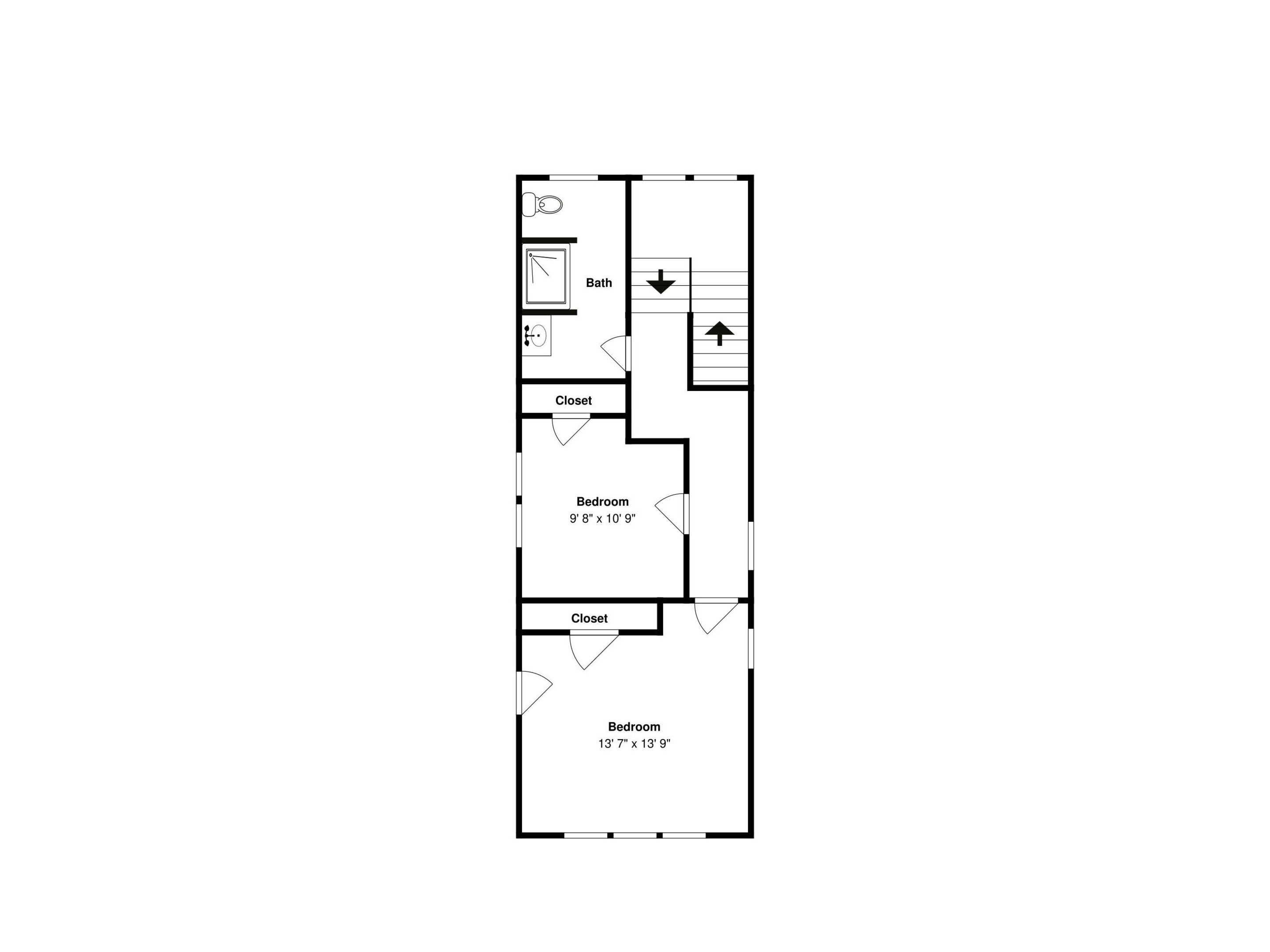 A floor plan with two bedrooms, a bathroom, and a closet.