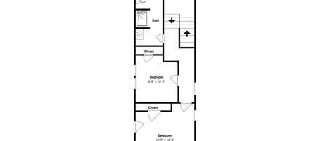 A floor plan with two bedrooms, a bathroom, and a closet.