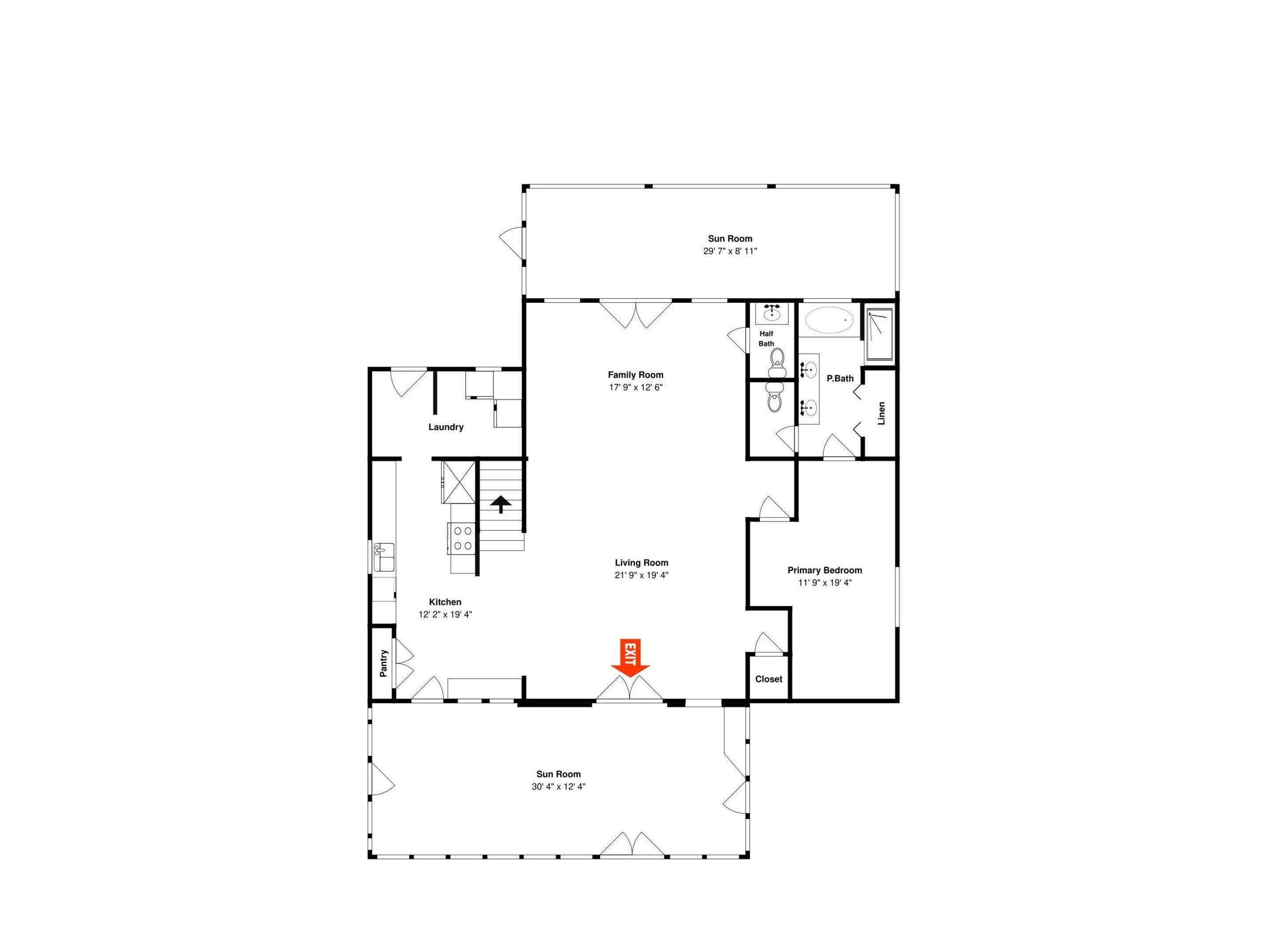 A floor plan of a house with a sun room, family room, living room, kitchen, pantry, and a closet.