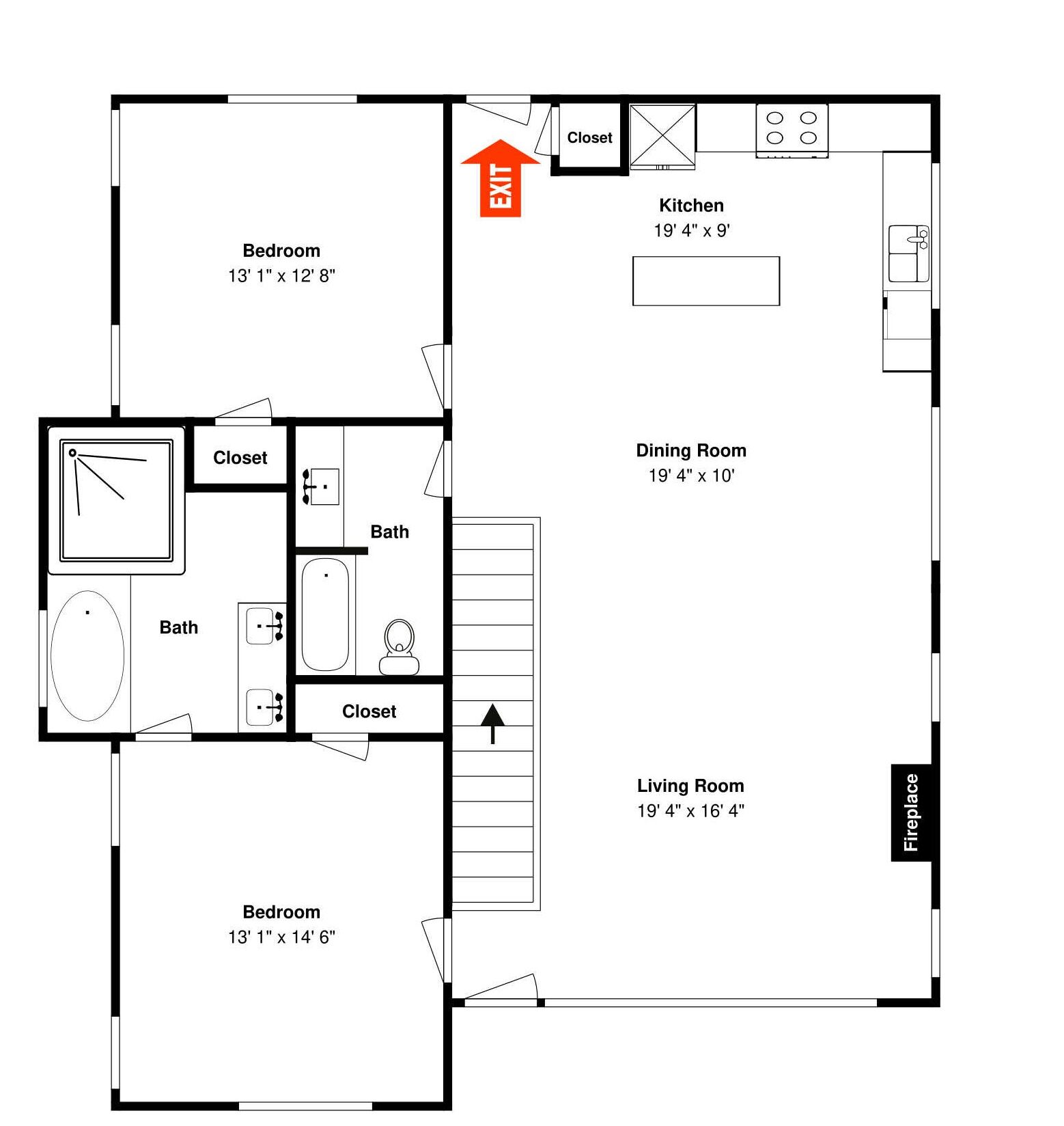 A floor plan with a bedroom, bathroom, closet, kitchen, dining room, and fireplace.